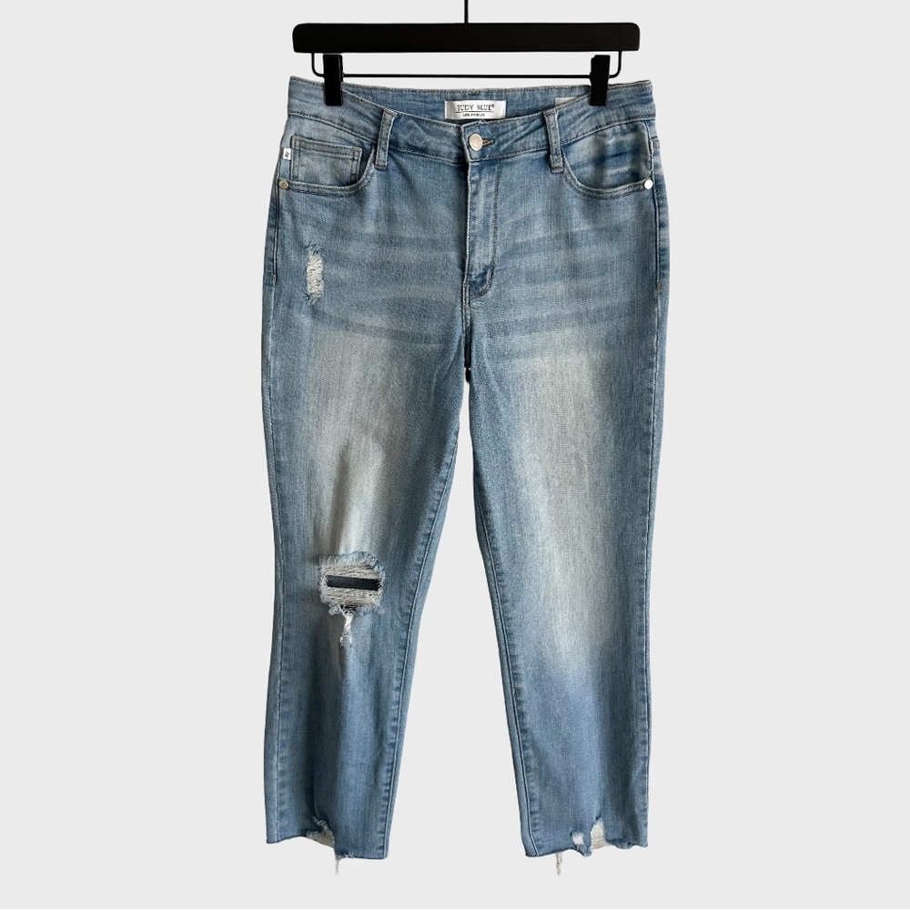 Judy Blue Lili Mid Rise Destroyed Hem Boyfriend Jeans Light Wash JB88389 9 29
